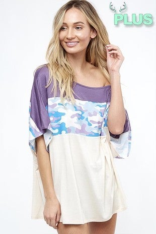 Soft, Stretchy, Oversized Ivory/Lavender/Blue Block Camouflage Top. Made in the USA.