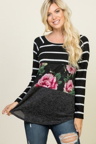 Black & White Striped/Floral Block Light Sweater Top, Made in USA