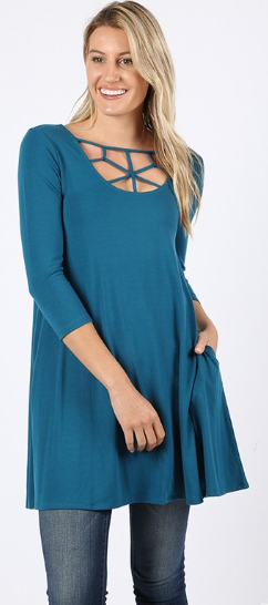RUNS BIG! Perfect with Leggings! Premium Soft & Stretchy 3/4 Sleeve, Web Tunic, Runs Big