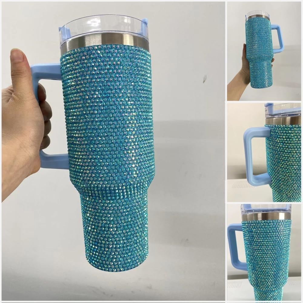HUGE!!! Shiny Rhinestone 40 Oz Tumbler with Handle, Stainless Steel Insulated Travel Coffee Mug Double Wall Leak Resistant Vacuum Tumbler with Straw