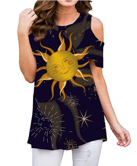 Navy Sunshine Cold Shoulder Tunic. Hyper Stretch, Generously Sized