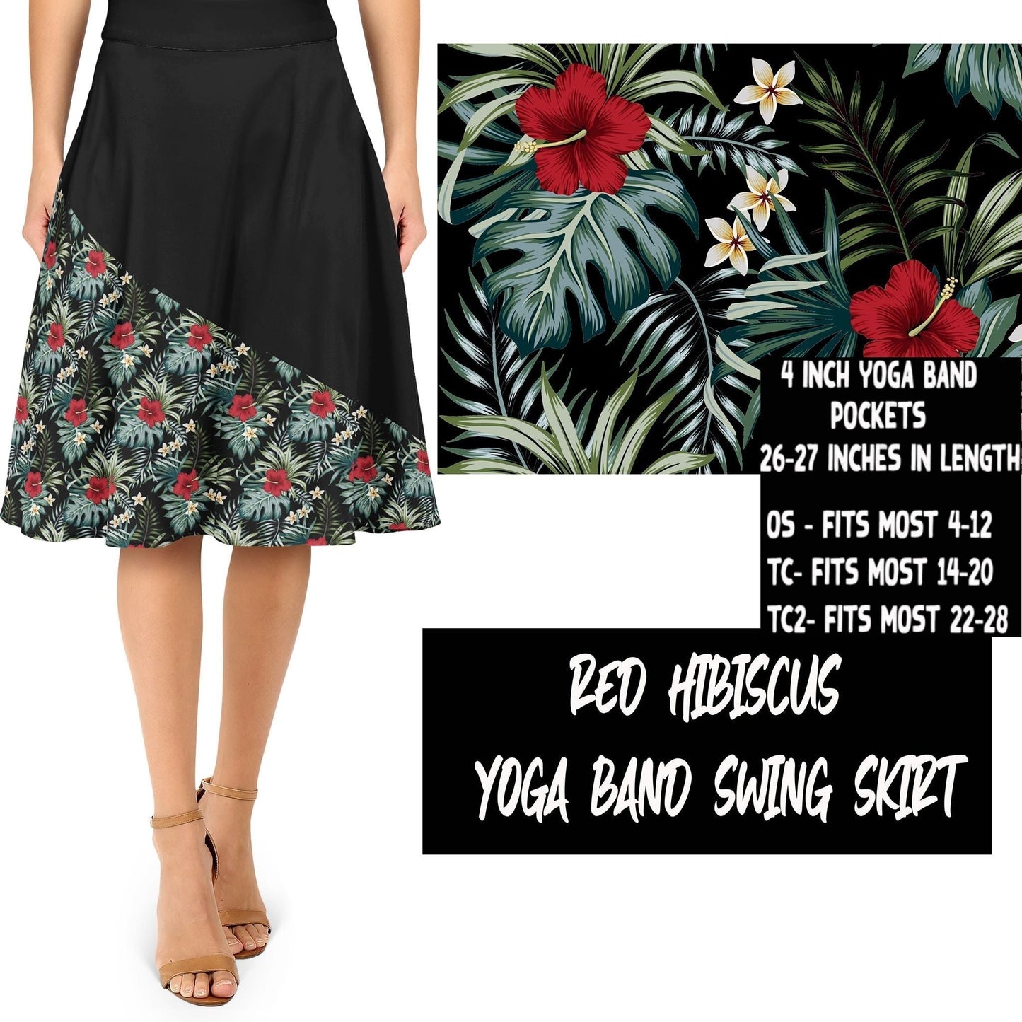 LAST OS (fits 4-14),  Red Hibiscus Yoga Band Swing Skirt, Stretchy and Comfy!