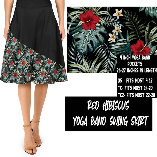 LAST OS (fits 4-14),  Red Hibiscus Yoga Band Swing Skirt, Stretchy and Comfy!