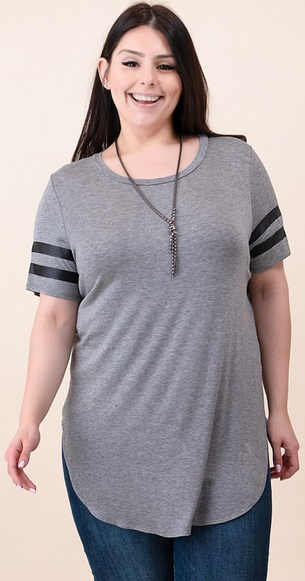 Soft Grey Long Tunic Top with black striped Sleeves. Round Hemline.