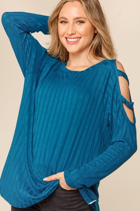 MADE IN THE USA! SOFT & STRETCHY RIB CUT SHOULDER TEAL KNIT TOP. Runs 1/2 a size big.