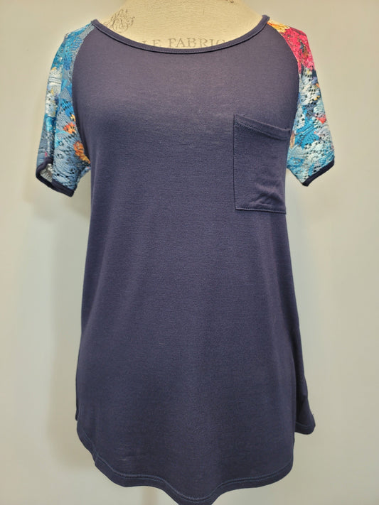 Only Medium Left! Navy Floral Lace Sleeve Top
