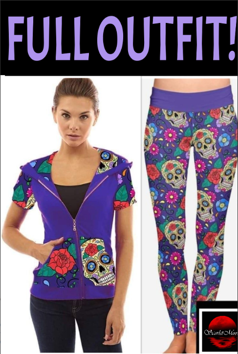 OUTFIT 2 Piece Set Purple Sugar Skull Short Sleeve Zippered Hoodie & LEGGINGS SET Hyper Stretch!