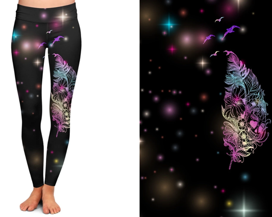 Pastel Skull/Floral and Feathers Leggings With Pockets