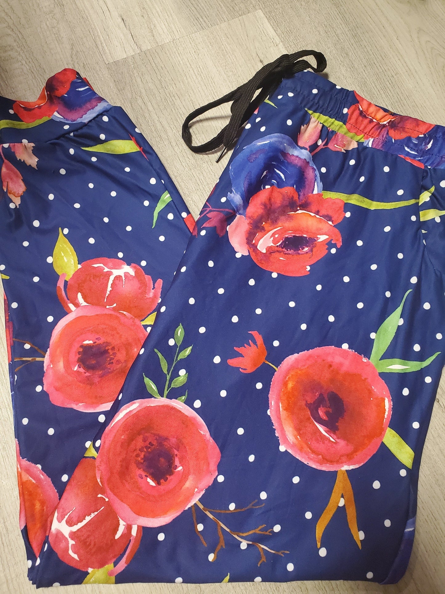 Blue Polka Dot & Pink Floral Joggers with Pockets, Draw String & Elastic Band!