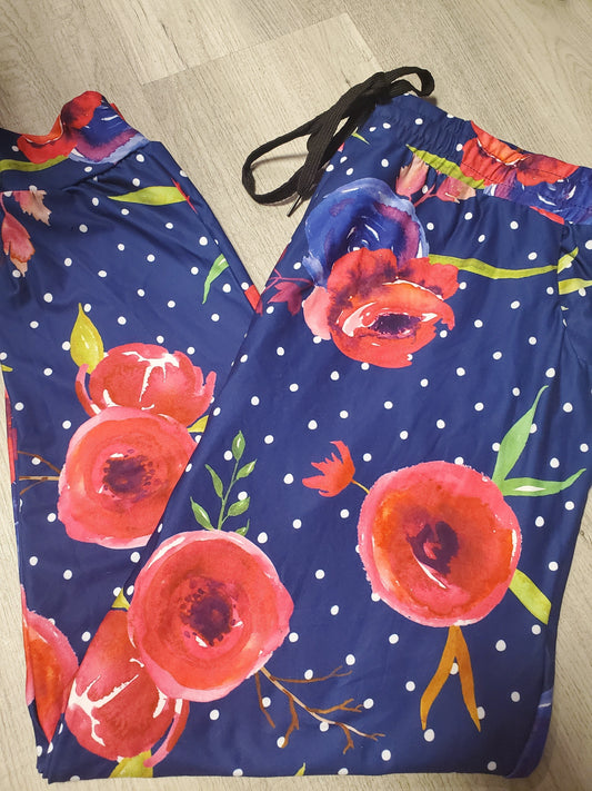 Blue Polka Dot & Pink Floral Joggers with Pockets, Draw String & Elastic Band!