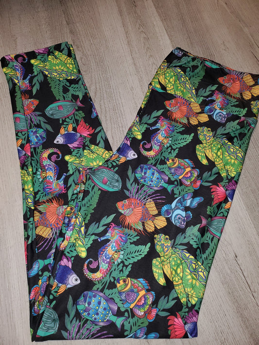 Rainbow Sea Life Leggings. Yoga Band. Extra Soft and stretchy!