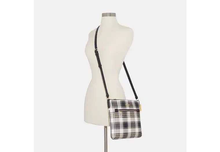 Coach Rowan Plaid, Gold Midnight Crossbody, Outer Zipper, Inner Pocket, Gold Hardware