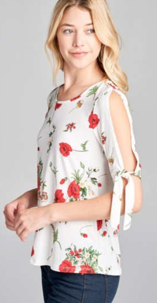 White Split Knotted Sleeve with Red Flowers