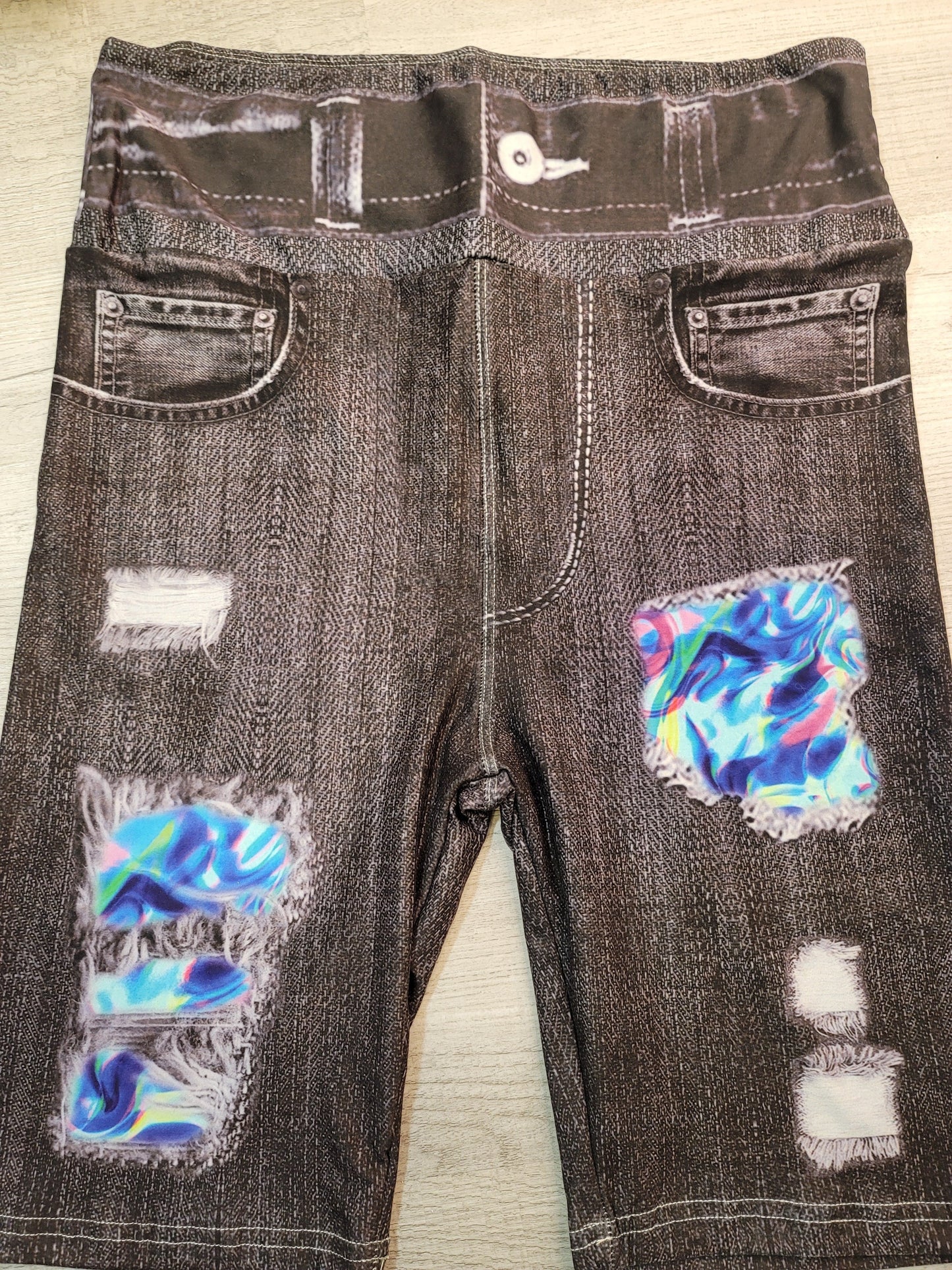 JEGGING SHORTS! Black Denim Print Tie Dye Peek a Boo