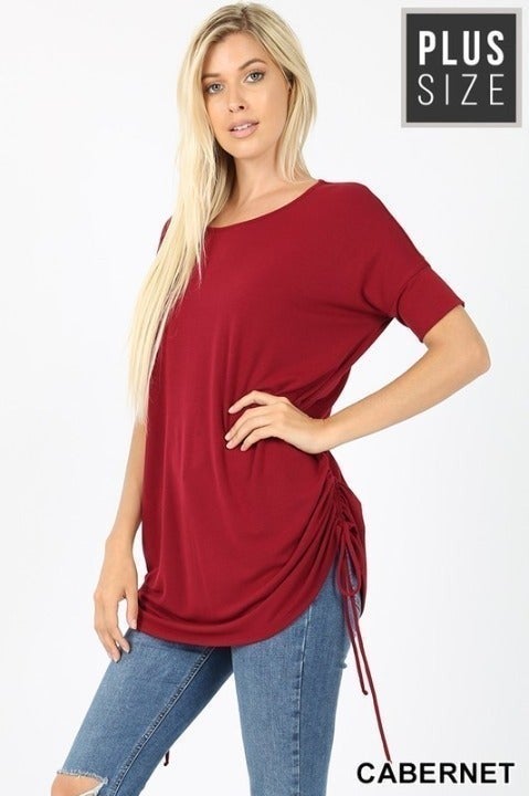 PLUS SIZE ONLY Premium Fabric, Round Neck, Adjustable Cinched/Ruched Sides. Pick 2 sizes down! Runs very generous in size.