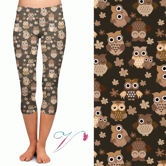 Adorable Owls Capri. High Waist, Yoga Band, Very Soft and Stretchy!