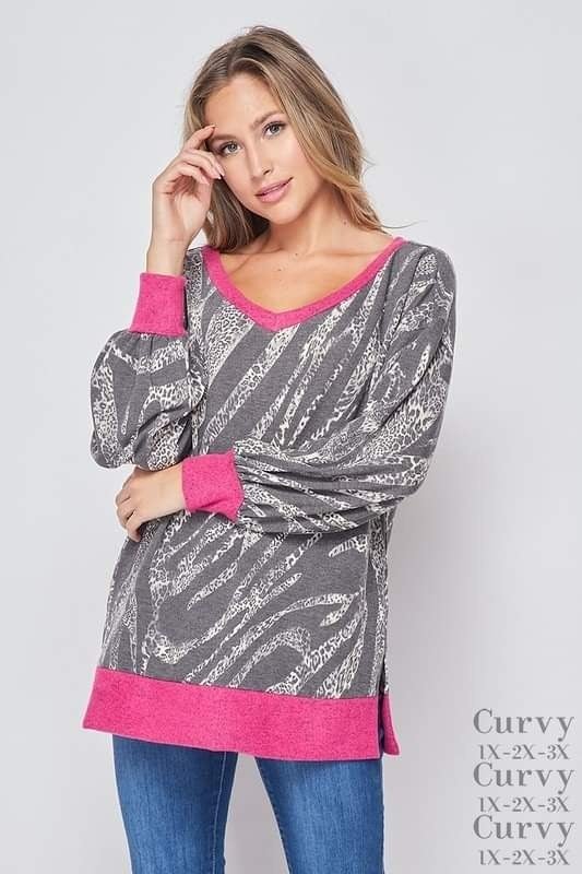 "HoneyMe" PLUS Top! Grey Zegra/Cheetah Print Split Sides, Contrast Cuff
