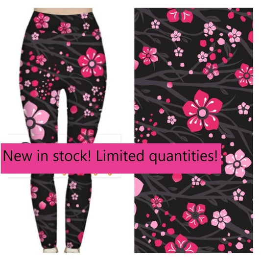 Black with Lt Pink & Dk Pink Floral Design Leggings