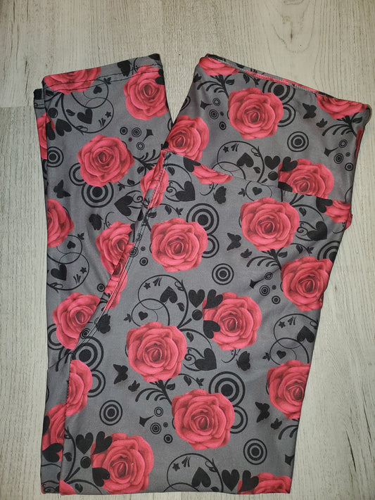 Beautiful Grey & Red Roses CAPRI. High Waist, Yoga Band, Very Soft and Stretchy!