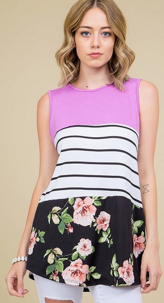Orchid/Striped/Floral Block Sleeveless Top. Soft & Stretchy. Size down if between sizes. Made in the USA