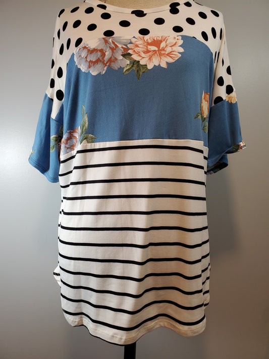 Runs Big! Super Soft and Stretchy Floral & Blue Block Top. Made in the USA