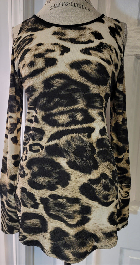 Large Leapord Print Open Shoulder Long Sleeve Shirt Soft & Stretchy