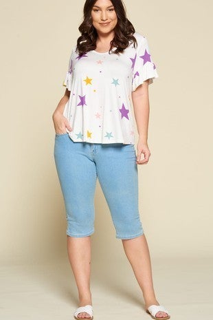 Adorable Jersey Stars Printed Sleeve Casual Top with Peek-a-Boo Back Bow