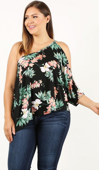Plus Only, Half Kimono Asymmetrical One Shoulder  Floral Top