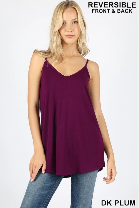 REVERSIBLE! Round or V Neck? Both! Premium Soft Spaghetti Strap, Flowy Cami Tank Top