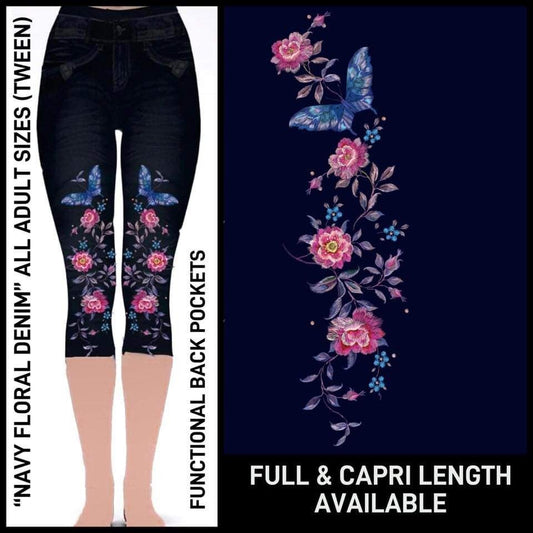 Decorative Floral Pocket, Blue Denim Jeggings Capri (lighter blue than the image - denim blue)