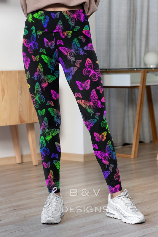 Butterfly Lovers! Stunning Neon Butterfly Designer Leggings, Soft Yoga Band