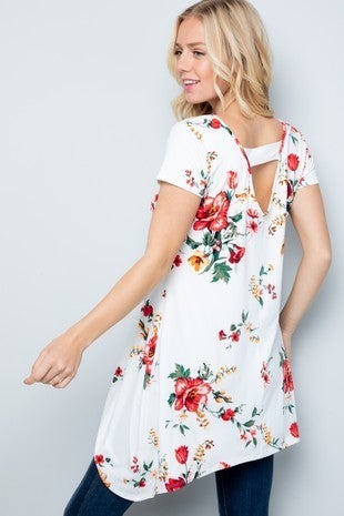 Floral Short Sleeve V Neck Tunic with Back Opening Made in USA