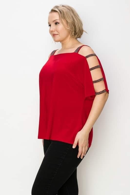 Plus Size, Stunning jeweled Ribbed Open Sleeve Top Black or Red