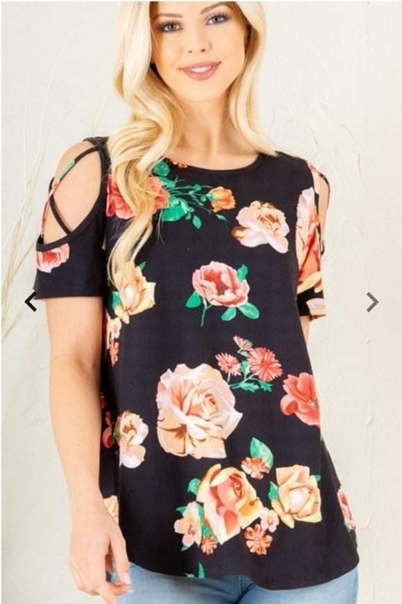 Stretchy Black Floral Cold Shoulder Top