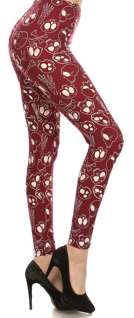 Comfy Wine Color Boneyard Skull Leggings, Yoga Band, Extra Stretch