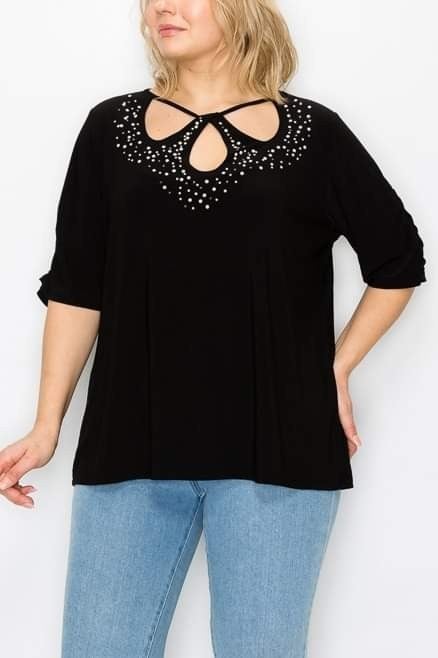 ONLY 3X Left! Beautiful Gem & Pearl Black Open Neck Top, Stretchy and Comfy