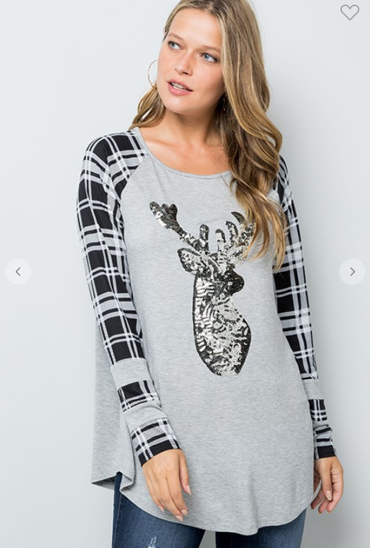 Reindeer Sequin Patched Plaid 3/4 Sleeve Tunic Top. USA MADE