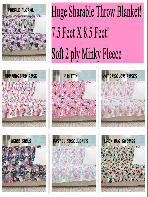 Huge Sharable Throw Blanket! 7.5 Feet X 8.5 Feet! Perfect for family movie nights or snuggling with your honey! Soft 2 ply Minky Fleece. Easy Machine Washable!