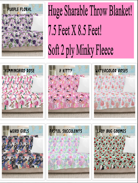 Huge Sharable Throw Blanket! 7.5 Feet X 8.5 Feet! Perfect for family movie nights or snuggling with your honey! Soft 2 ply Minky Fleece. Easy Machine Washable!