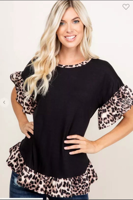 Soft, Leopard Ruffled Arms and Hemline Top Made in the USA