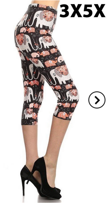 Black Background with Coral Elephants Capri, Extremely Soft, Hyper Stretch, Elastic Band!