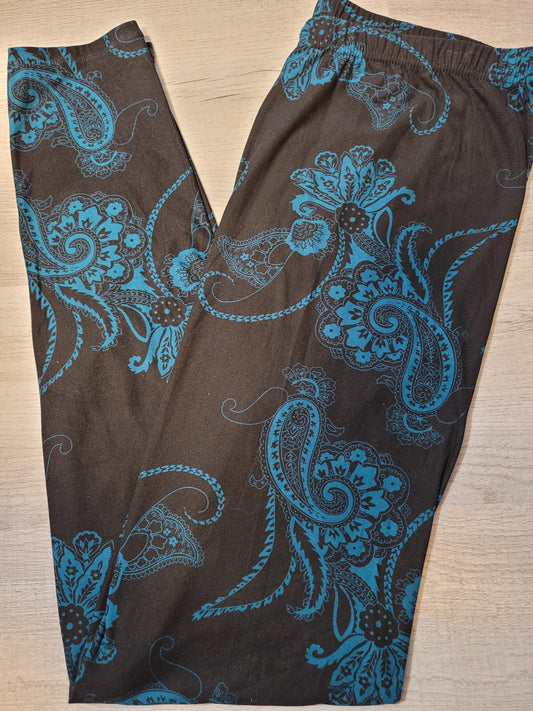 Teal Paisley Print on solid Black Leggings. Hyper Stretch, Elastic Band.