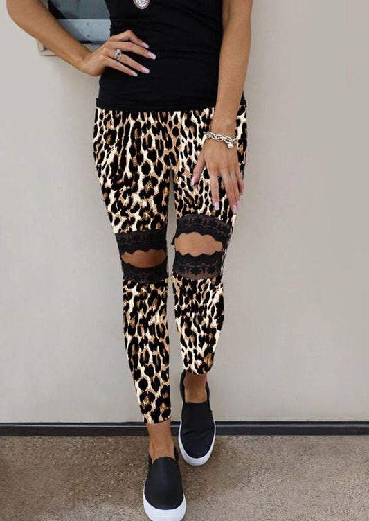 Leopard Cut Out Black Lace Knee Leggings