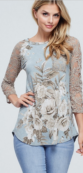 Titanium with Taupe Floral and Lace 3/4 Sleeve and front pocket. Made in the USA.
