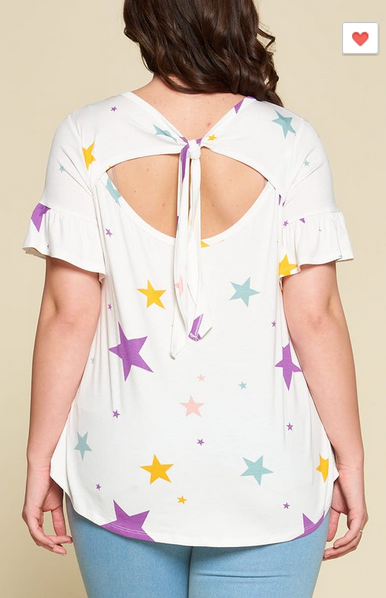Adorable Jersey Stars Printed Sleeve Casual Top with Peek-a-Boo Back Bow