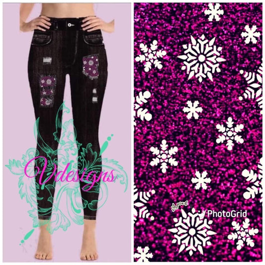 Peek a Boo Denim Print Jeggings Glittery Snowflakes. Hyper Stretch and softness! Yoga Band.