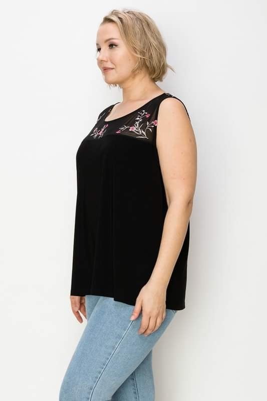 Gorgeous Floral Plus Size Embroidery Mesh Yoke Sleeveless Tank - Solid poly span knit fabric - Lightweight and stretchy - Round neckline