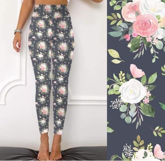 Grey with White/Pink Roses, Beautiful Floral Leggings