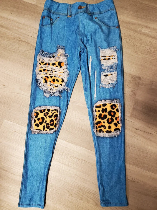 Peek A Boo Leopard Print JEGGINGS, Very Bright Blue, Extra Comfy, Yoga Band