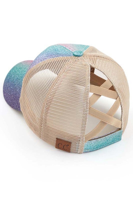 Ponytail Hat! Ombre Sparkle Glitter Criss-Cross Cap with Mesh